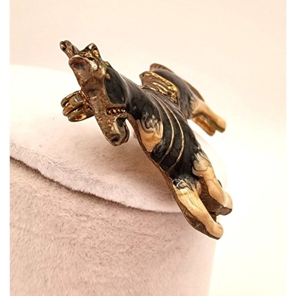 Vintage Enameled Horse Pin Brooch Gold Tone Black White 3" Jewelry Accessory - Picture 2 of 5